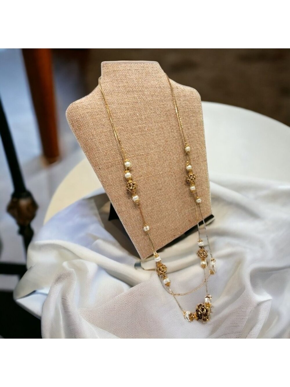 Vintage Necklace Gold Tone Faux Pearl Bead Filagree Balls 28" Double Strand